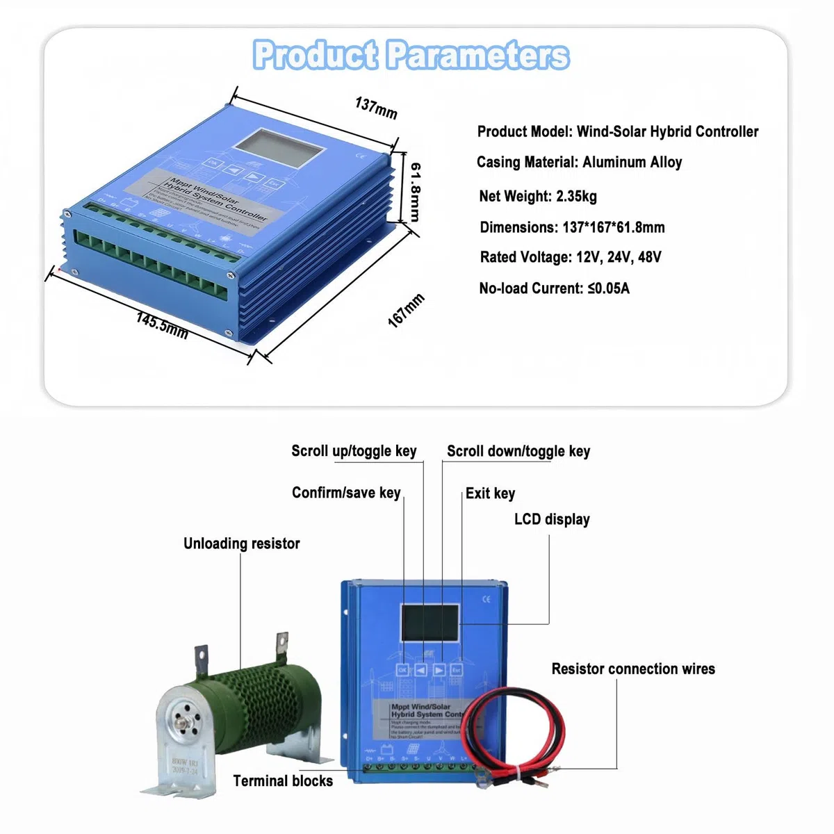 Siatka Z Odciążnikiem, Hybrydowy Sterownik Wiatrowo Słoneczny, Automatyczny, Akumulator 12 V/24 V/48 V, Ładowanie Mppt, Ładowanie Buforowe, Maks. 13000 W 12V-13000W