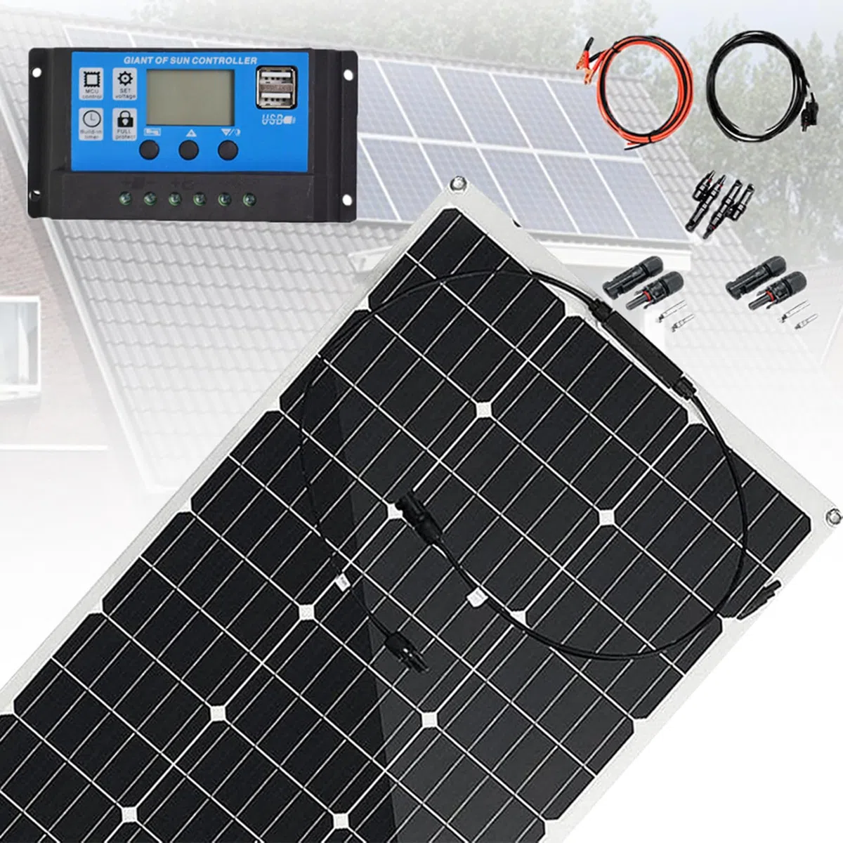 Zestaw Elastycznych Paneli Słonecznych 300W Złącza Kabli Fotowoltaicznych MC4 Paneli Słonecznych Kontroler 40A Ładowanie Akumulatora 12V Moduł Fotowoltaiczny Monokrystaliczny 1 * 300W
