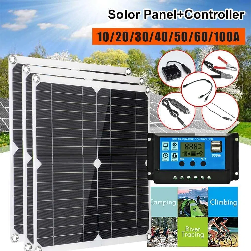 Zestaw paneli słonecznych 200 W, przenośna ładowarka solarna USB 12 V, z kontrolerem 10/20/30/40/50/60/100a, system modułów fotowoltaicznych do łodzi, kampera, kabiny, vana, samochodu, (kolor: