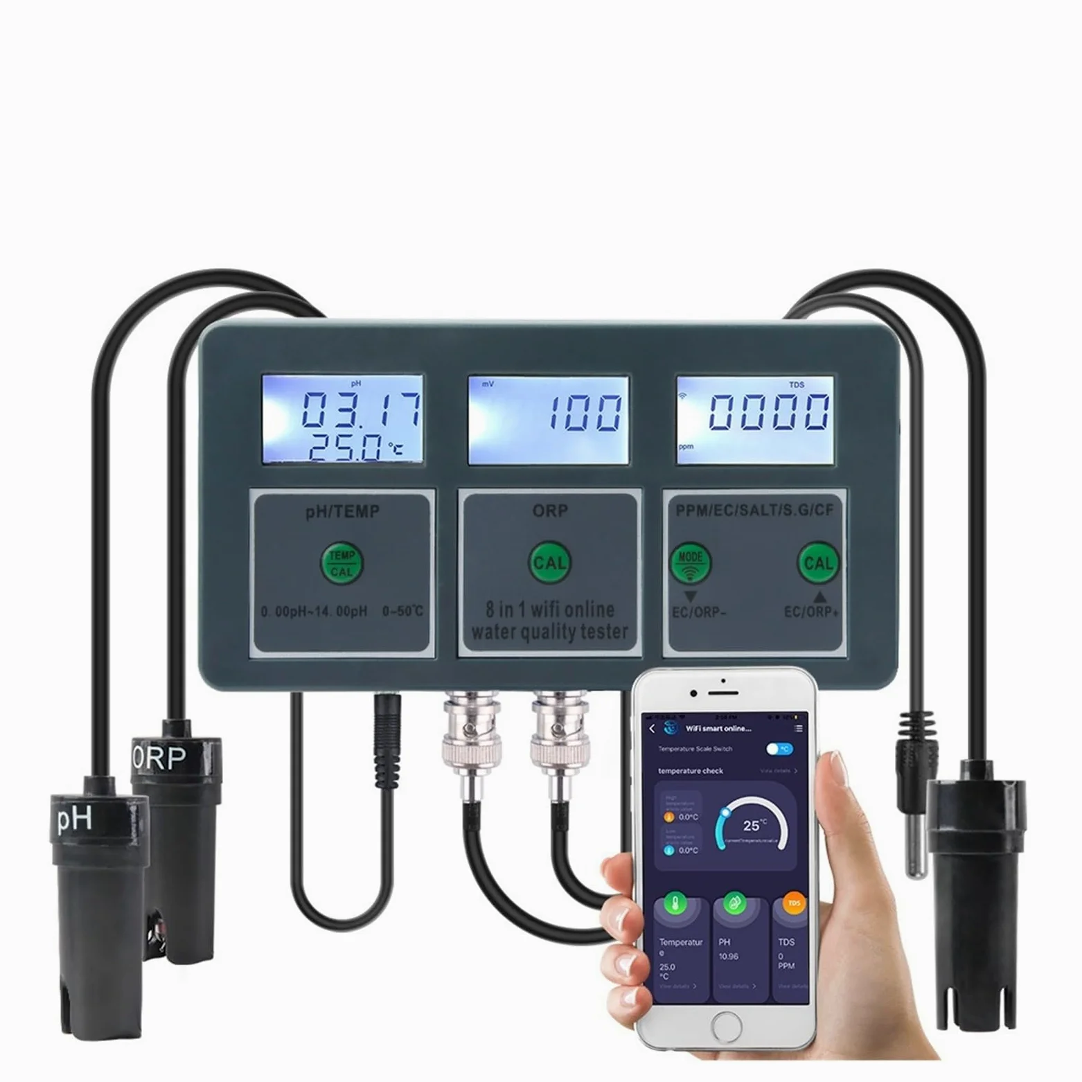 Tuya inteligentny PH ORP TDS EC SALT S. G TEMP CF miernik monitorujący Online miernik jakości wody w akwarium rejestrator danych kontroler,Czytelny Wyświetlacz(With Liquid)