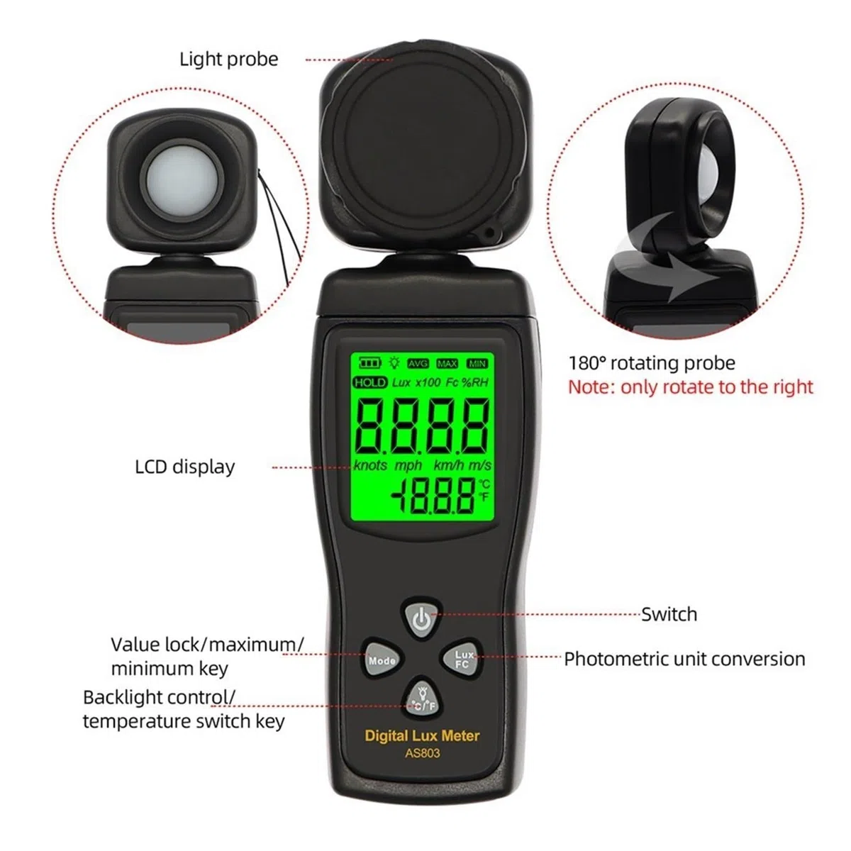 Miernik światła UV, Miniaturowy cyfrowy miernik luksów LCD z wyświetlaczem ręcznym iluminatorem Luminometr Fotometr Luksomierz Miernik światła 0-200000