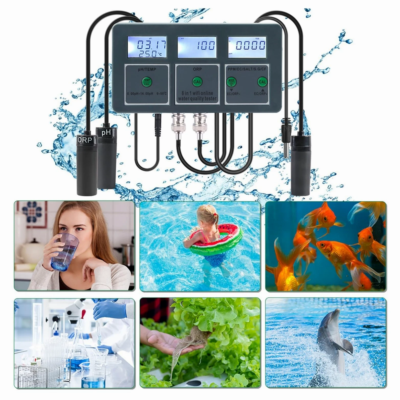 Tuya inteligentny PH ORP TDS EC SALT S. G TEMP CF miernik monitorujący Online miernik jakości wody w akwarium rejestrator danych kontroler,Czytelny Wyświetlacz(With Liquid)