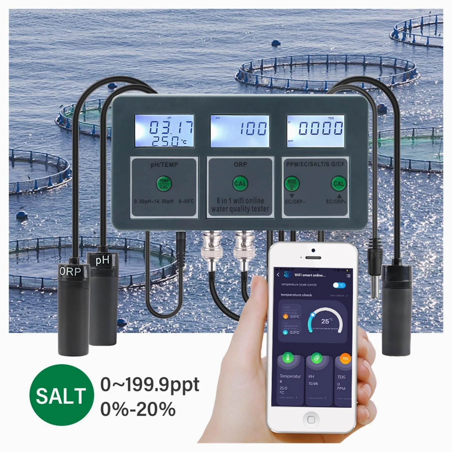 Tuya inteligentny PH ORP TDS EC SALT S. G TEMP CF miernik monitorujący Online miernik jakości wody w akwarium rejestrator danych kontroler,Czytelny Wyświetlacz(With Liquid)