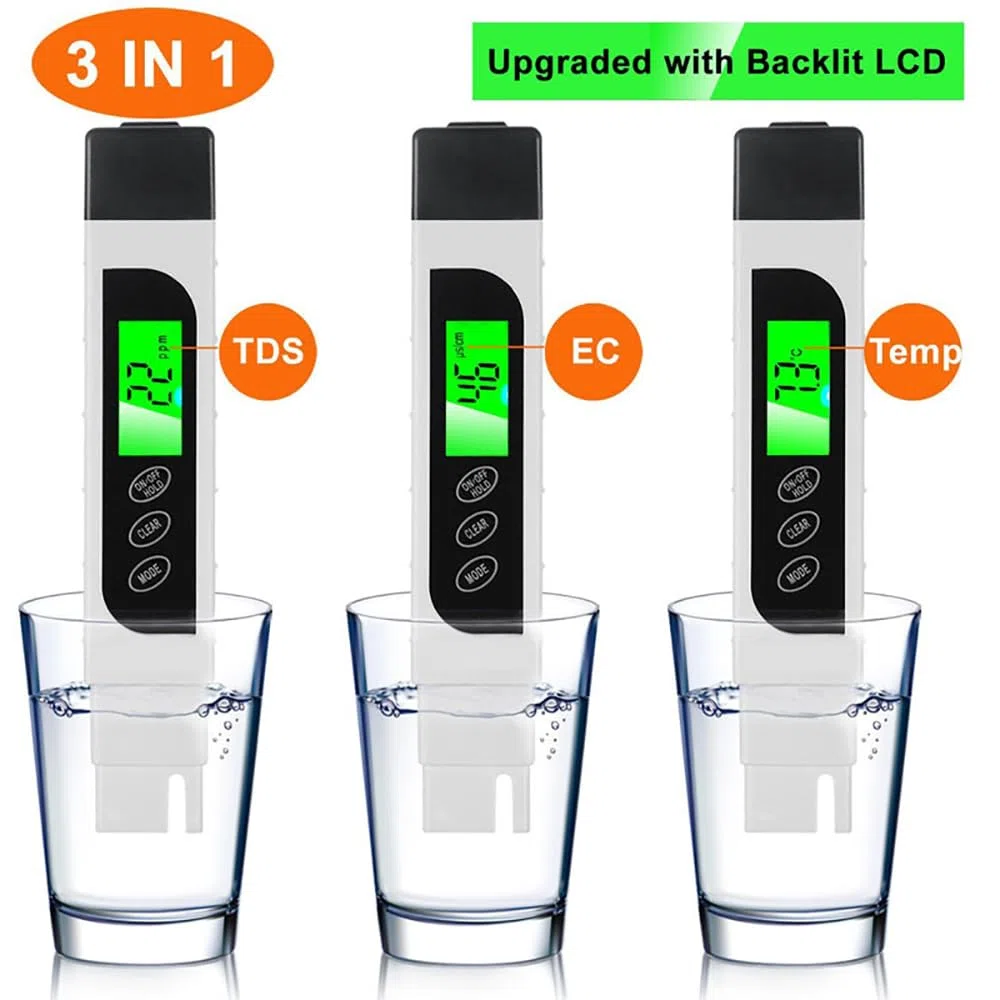 TDS miernik 3 w 1 TDS, EC i miernik temperatury, zakres pomiarowy 0-9990 ppm, cyfrowe zestawy do testowania wody, podświetlany wyświetlacz LCD, do wody pitnej, studni, basenu, akwarium,