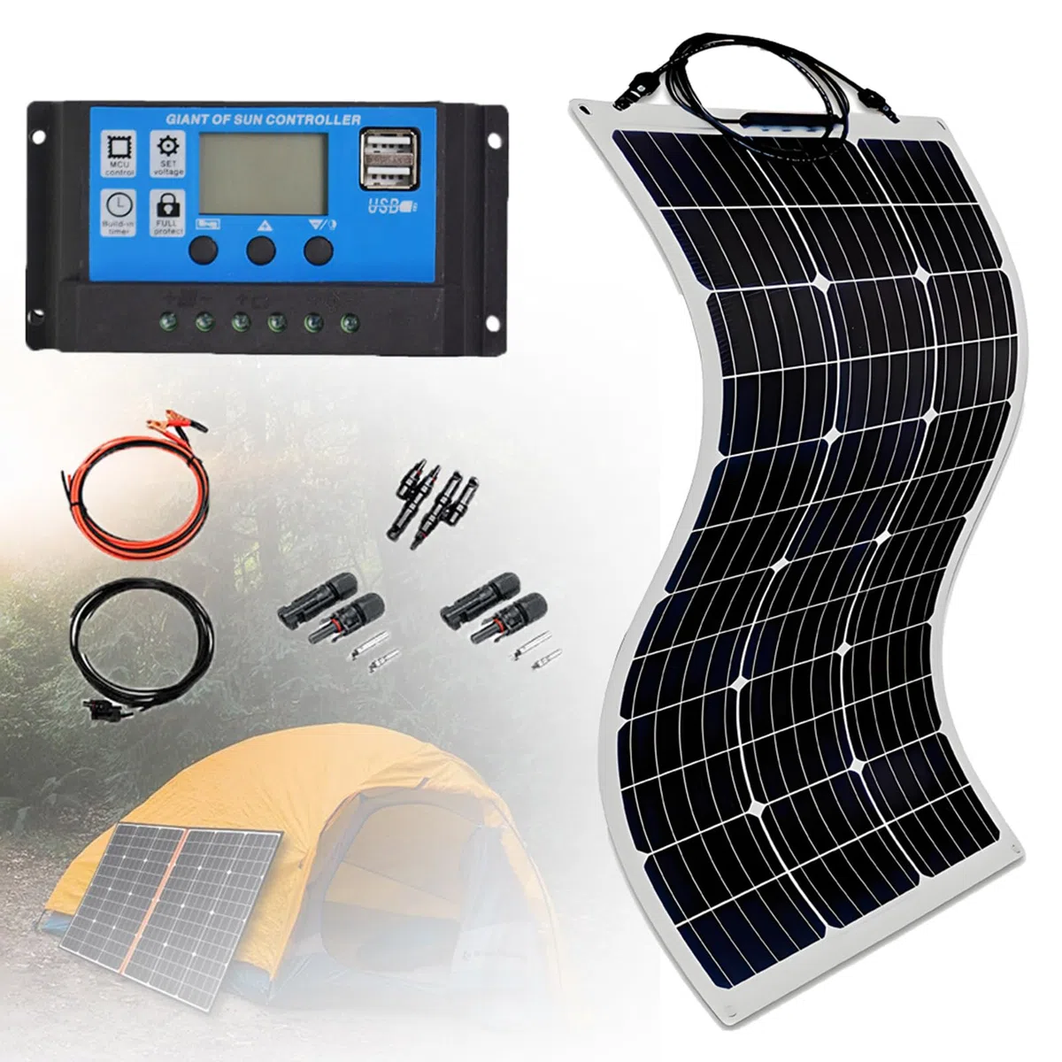 300 W Elastyczny Monokrystaliczny Moduł Słoneczny 40 A Kontroler Słoneczny DIY Zestaw Paneli Słonecznych do Ładowania Akumulatora 12 V - Kampery Przyczepy Kempingowe 1 * 300W
