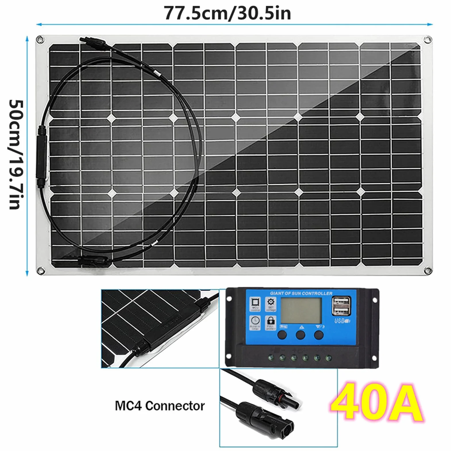 300 W Elastyczny Monokrystaliczny Moduł Słoneczny 40 A Kontroler Słoneczny DIY Zestaw Paneli Słonecznych do Ładowania Akumulatora 12 V - Kampery Przyczepy Kempingowe 1 * 300W