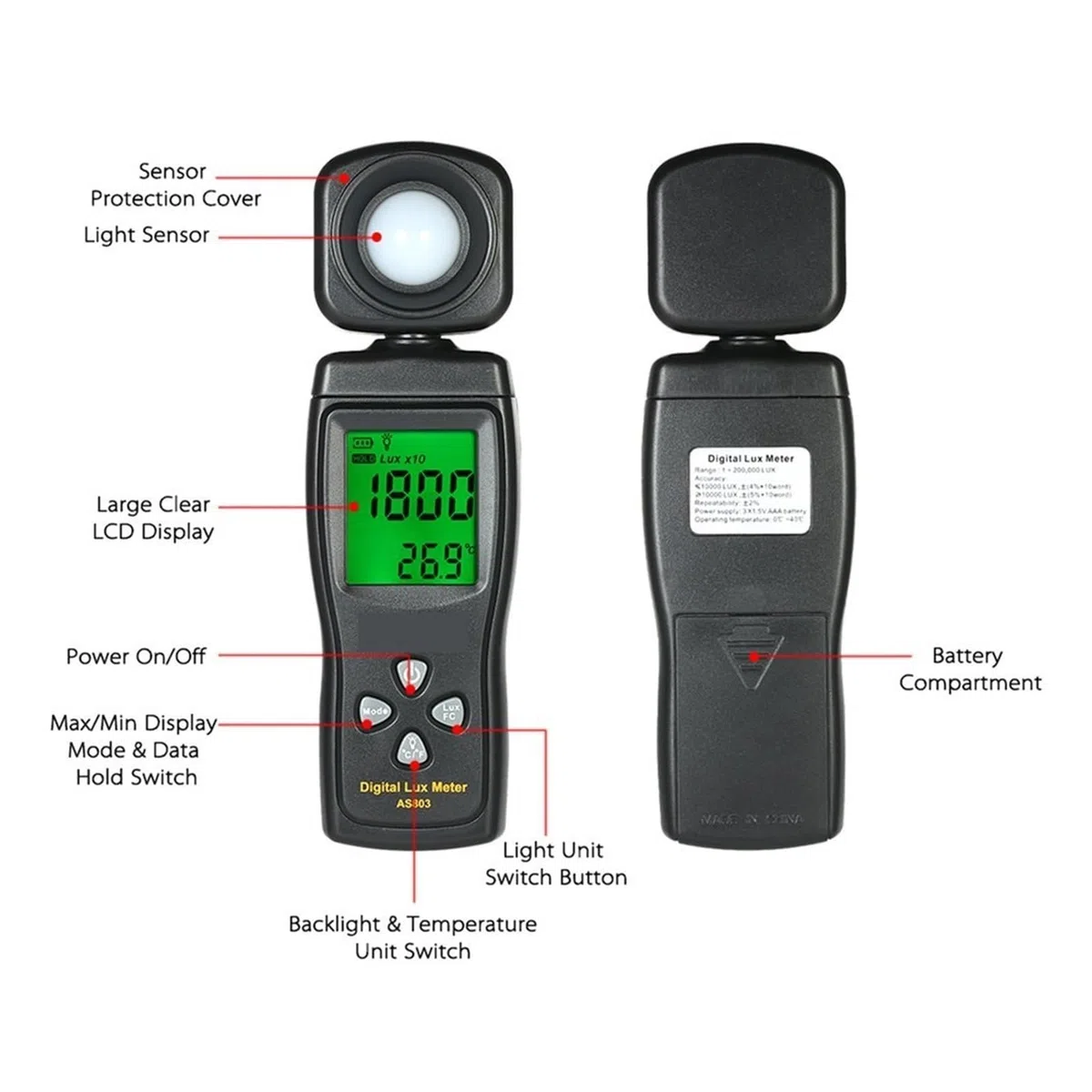Miernik światła UV, Miniaturowy cyfrowy miernik luksów LCD z wyświetlaczem ręcznym iluminatorem Luminometr Fotometr Luksomierz Miernik światła 0-200000